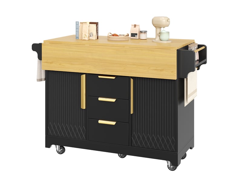  Îlot de cuisine mobile 120 x 40 x 95 cm, plateau extensible, 3 tiroirs, 2 portes et roulettes, noir, style contemporain  - Conforama E
