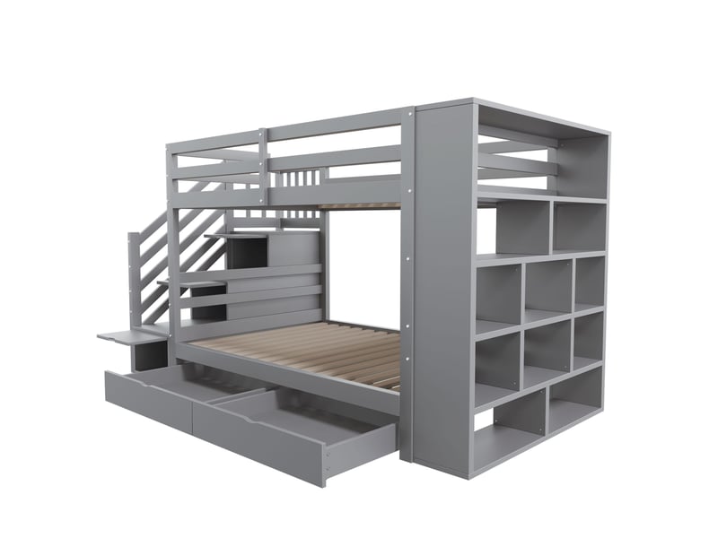 Lit superposé enfant 90x200 cm – gris – escalier sécurisé, 2 tiroirs et rangements – sans matelas - Conforama D