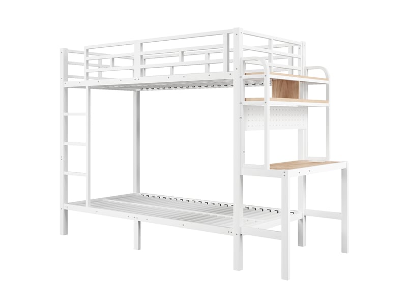 Lit superposé enfant 90x200 cm avec bureau intégré, étagères, led multicolore via app, usb, garde-corps et échelle, métal blanc Radiant Stride - Conforama A