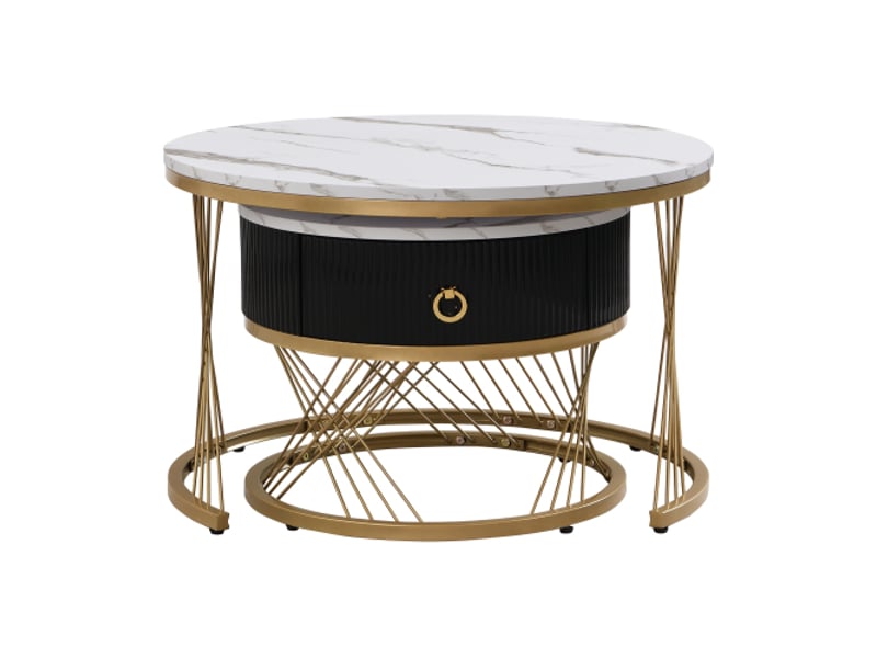  Table basse gigogne 2 pcs en mdf avec 1 tiroir,poignée,éléments en métal doré et aspect marbre,blanc table basse blanc - Conforama D