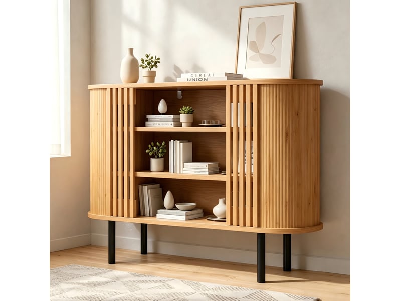  Buffet et enfilade avec 3 niches ouvertes et 4 pieds réglables en métal, aspect bois naturel, pour salon et entrée  - Conforama B