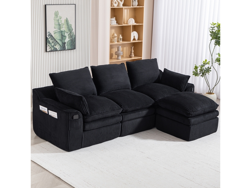  Canapé modulable 3 pl avec pouf 263x167x85 cm, coussins, poches de rangement latérales, adapté au salon, chambre, velours côtelé, noir  - Conforama E