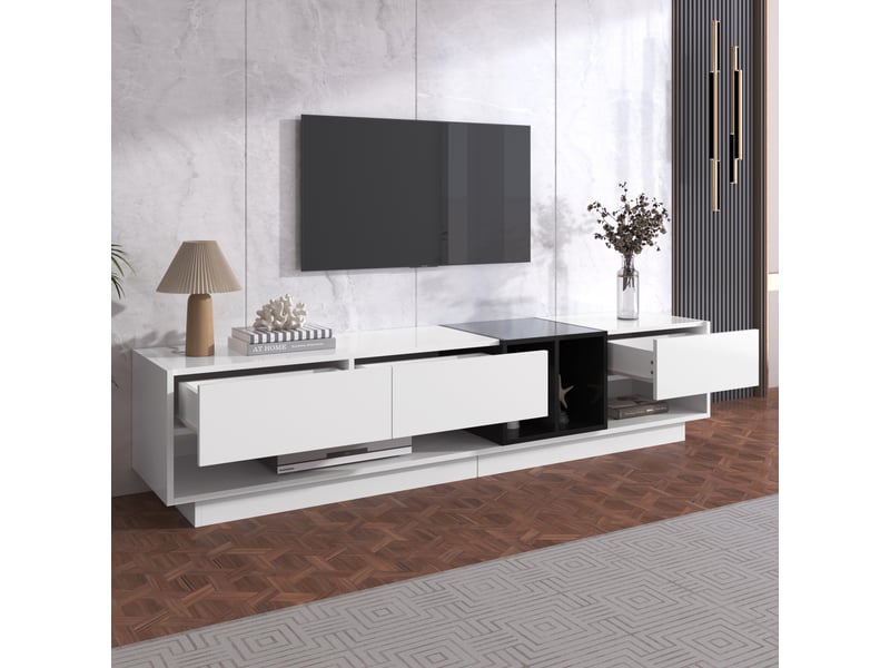  Meuble tv - brillant 190cm - 3 tiroirs - 2 étagères - noir &amp; blanc - 50kg capacité  - Conforama R