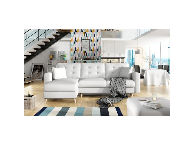  Canapé d'angle convertible hasgard 3 places blanc 248x162 cm – coffre et pieds bois  - Conforama E