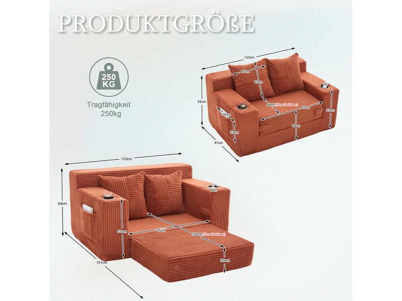  Canapé convertible 2 places 133x87x64 cm orange en velours côtelé, rangements latéraux et porte-gobelets  - Conforama C