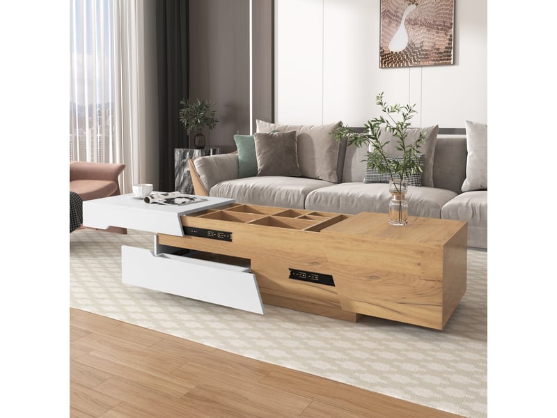 Table basse coulissante avec 2 tiroirs et rangements pour salon en mdf 120×50×37,5 cm blanc et bois naturel - Conforama B