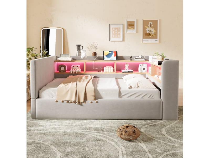  Lit coffre enfant, 90x190 cm, avec led intégrée, plusieurs espaces de rangement, clair, tissu et velours, coloris gris  - Conforama E