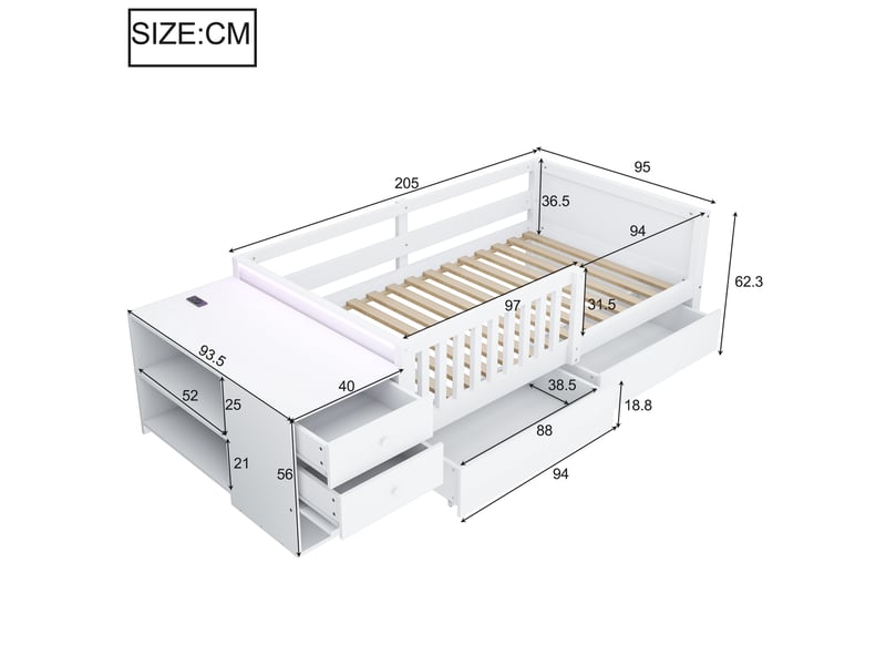  Lit enfant 90x200 cm avec rangement indépendant, prise intégrée, led et barrière de sécurité, bois, blanc, sans matelas  - Conforama C