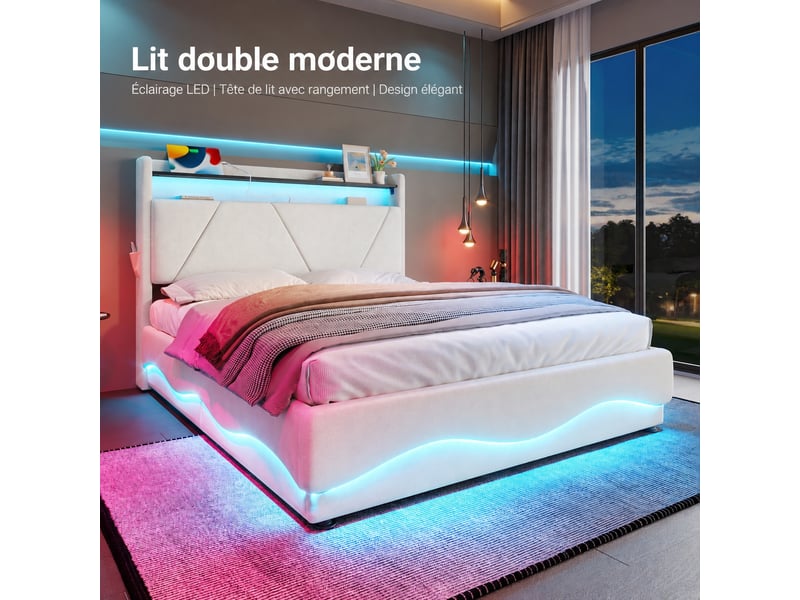  Lit coffre 160 x 200 cm en velours beige avec sommier relevable, tête de lit à étagère, led et ports usb et usb-c  - Conforama D