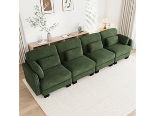 Canapé droit modulable 4 places en chenille vert 330cm ergonomique avec coussins lombaires inclus