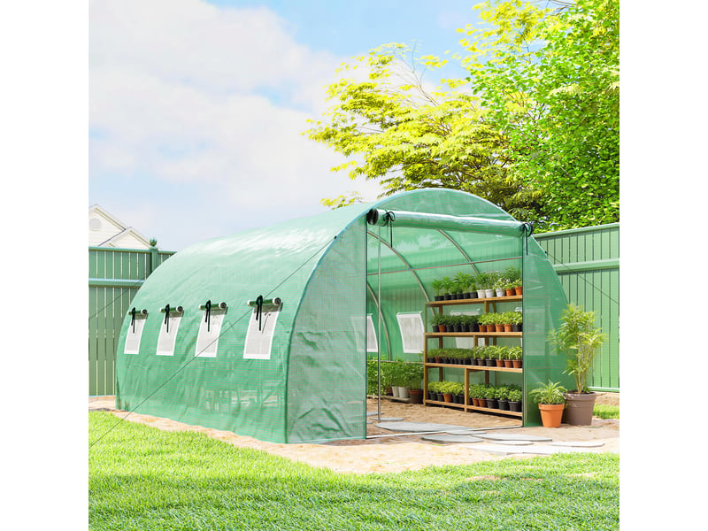  Serre d'environ 4 x 3 x 2 m, serre en aluminium avec roulettes, 2 portes à fermeture éclair et 8 fenêtres en filet, poteaux de soutien, verte  - Conforama D