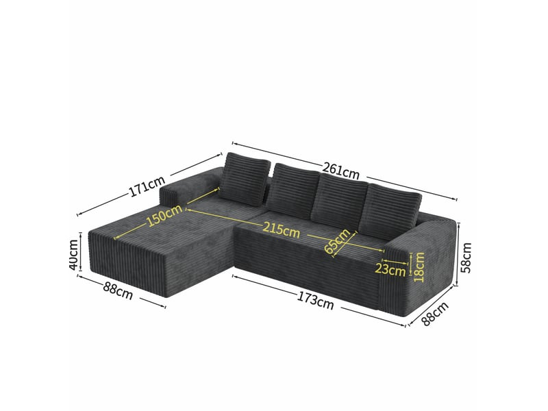  Canapé d'angle modulaire 261x168x58cm, montage simplifié, meuble de salon, bien-être, revêtement velours côtelé, gris  - Conforama C