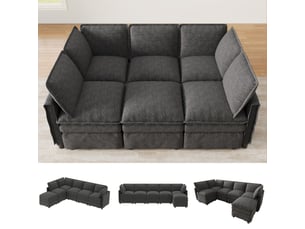 Canapé d’angle modulable ul 5 places 190x130x85 cm, 2 poufs de rangement, led réglable, usbtype-c, 2 tiroirs, porte-gobelet, velours côtelé gris