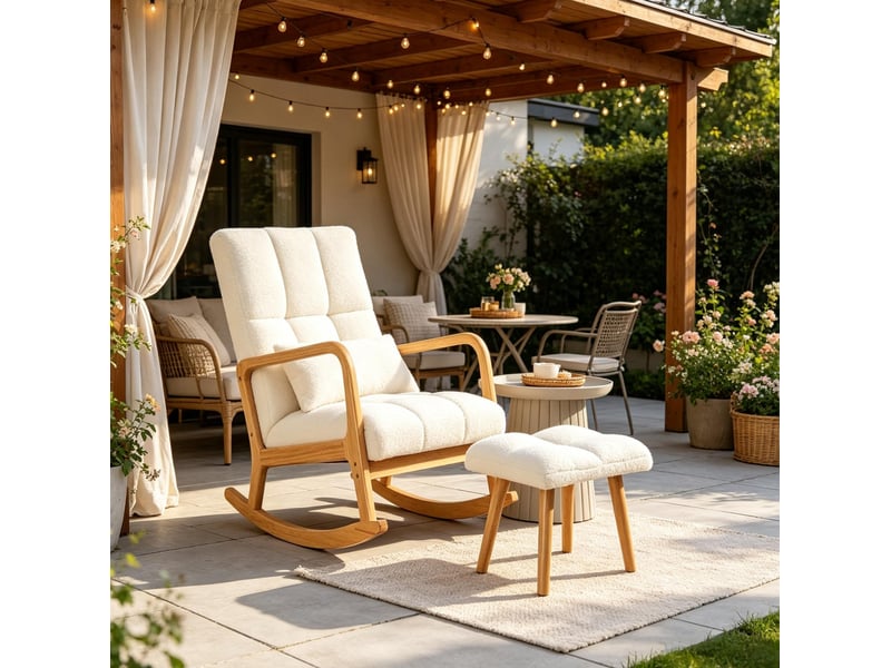  Rocking-chair avec repose-pied, coussin amovible et patins réglables, en bois et tissu bouclette blanc  - Conforama D