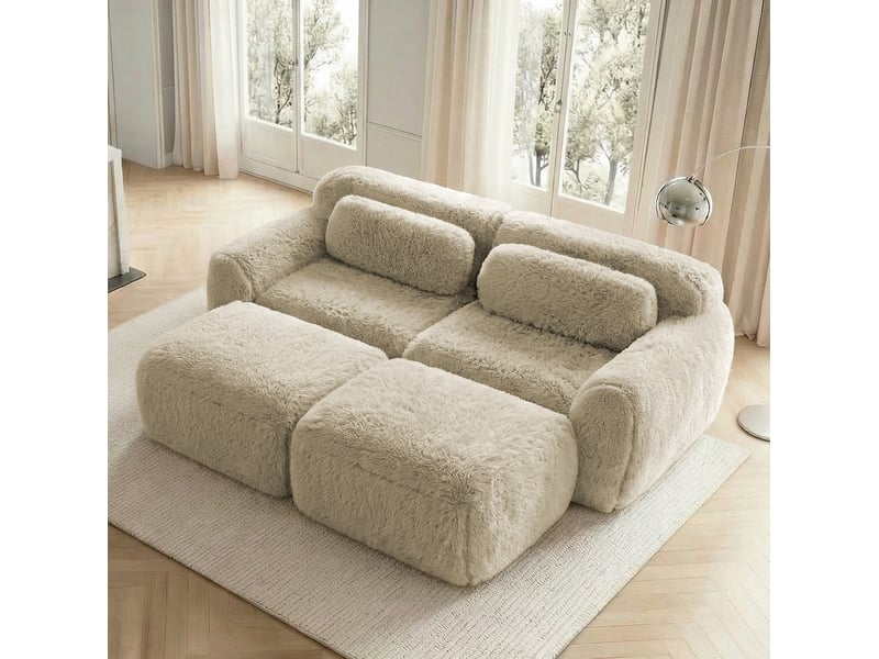 Canapé convertible modulable 2 places avec 2 poufs en tissu peluche kaki clair - Conforama B