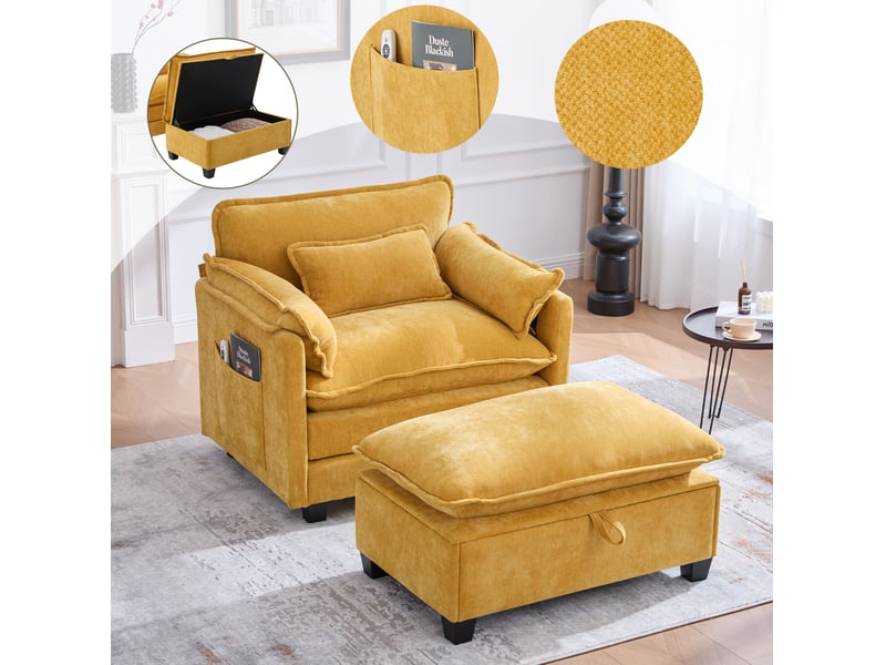 Fauteuil relax xxl avec repose-pieds coffre 103x85x91 cm, poches latérales, tissu chenille, coussin jaune - Conforama E