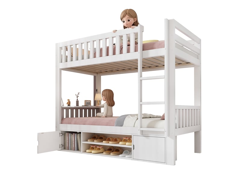 Lit superposé enfant 90×200 et 90×200 cm table rabattable et rangement - sans matelas, bois - blanc  - Conforama A