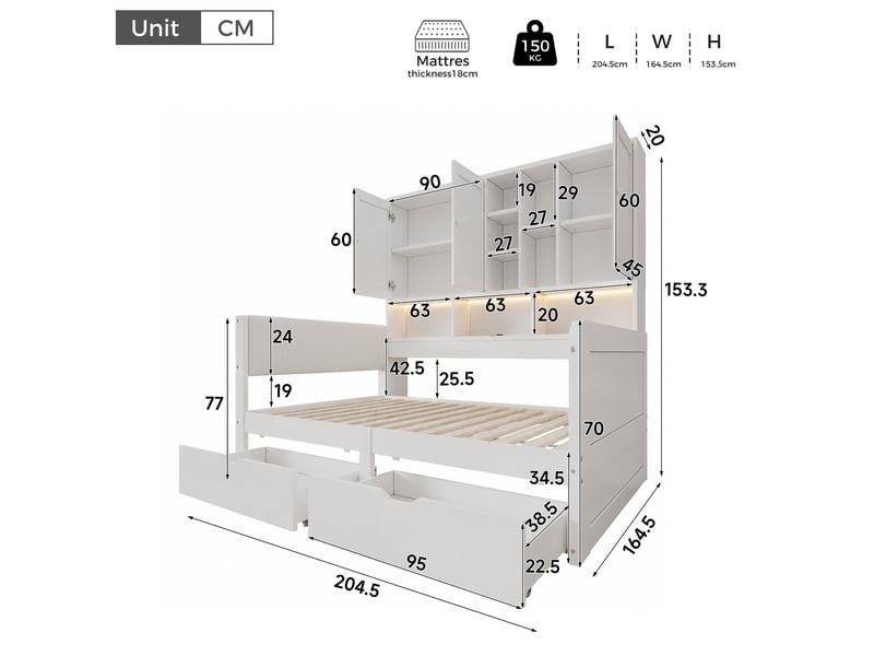  Lit banquette 140 × 200 cm 2 places avec led, usb, usb-c, prise et 2 tiroirs, sans matelas, en mdf, blanc  - Conforama D
