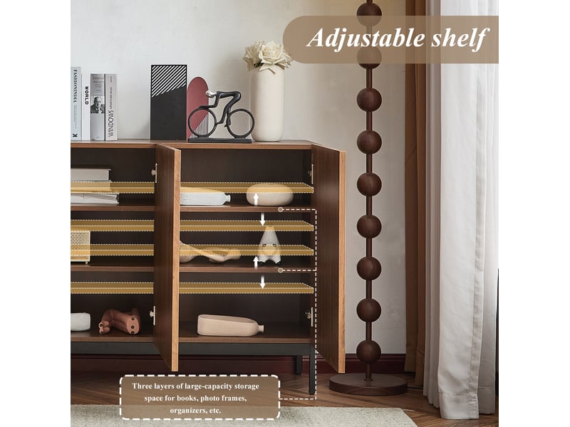  Buffet et enfilade avec 3 portes et 2 étagères réglables, design 3d ondulé, pour salon et salle à manger, en mdf, naturel, 150 × 40 × 80 cm  - Conforama E