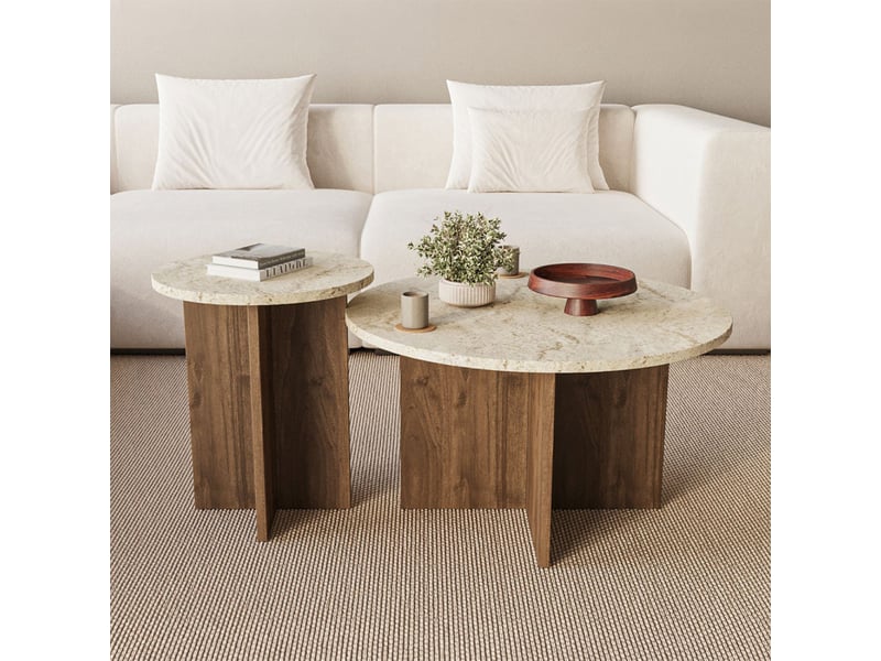  Ensemble de 2 tables basses rondes effet travertin et noyer travi  - Conforama D