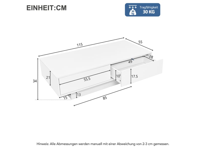  Table basse 115x55x34 cm avec led, 2 tiroirs, rangement, finition haute brillance, table de salon, blanc  - Conforama C