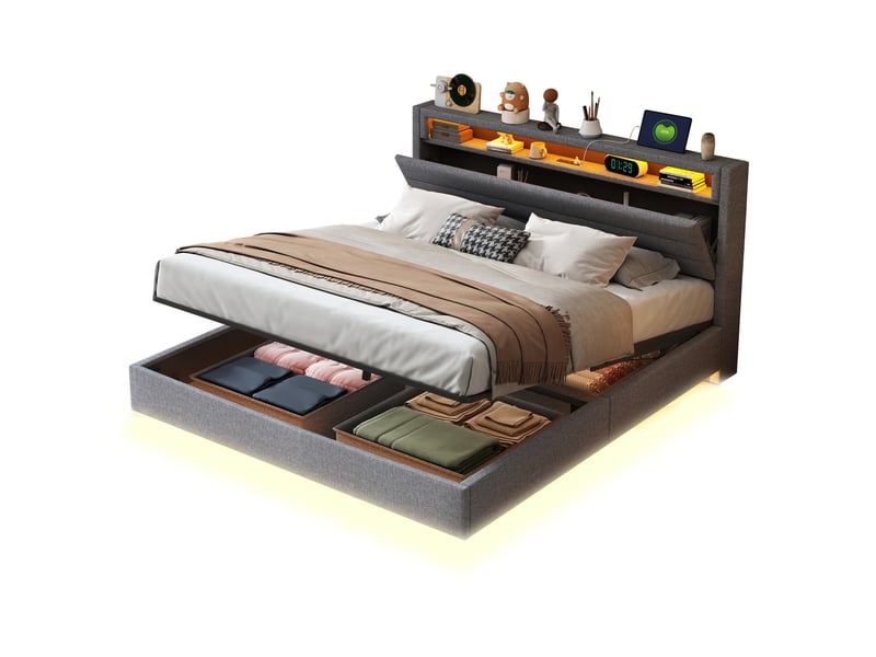  Lit adulte 160x200cm,lit coffre en lin avec lumière led,prise usb,tête de lit réversible et pieds cachés,gris lit adulte gris - Conforama A