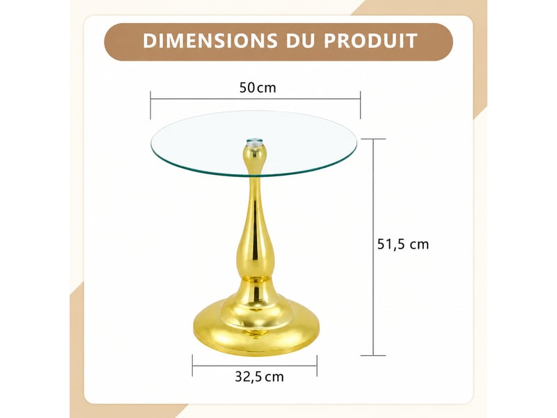  Table d’appoint ronde en verre trempé – piètement métal doré – ø 50 x h 51,5 cm  - Conforama D