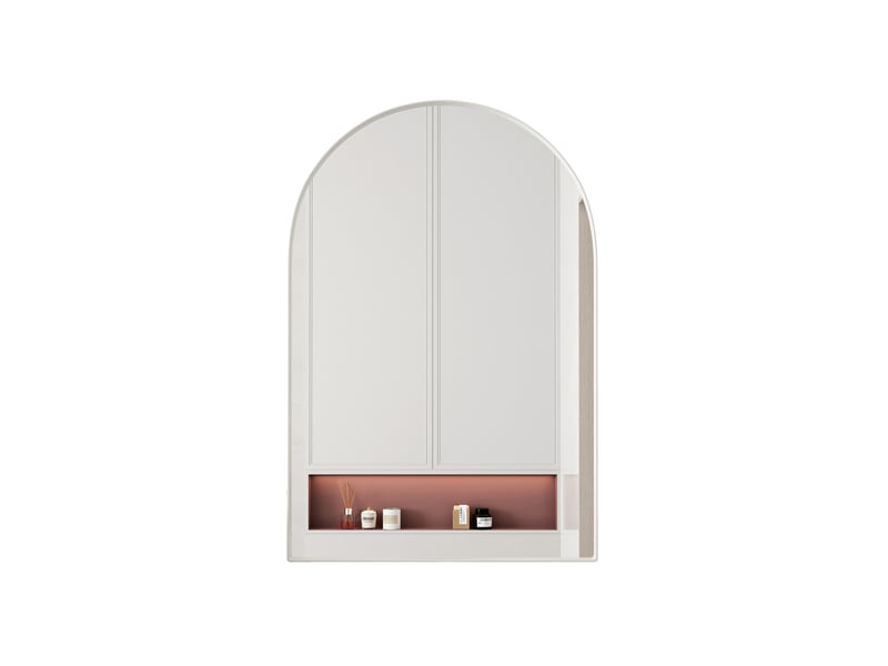  Armoire de toilette miroir cintré 91x61x12 cm, pose murale ou encastrée, 2 tablettes, métal blanc  - Conforama A