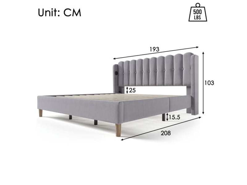  Lit double 180x200 cm, lin gris, avec tête de lit grillagée et ports usbtype-c, sans matelas  - Conforama C