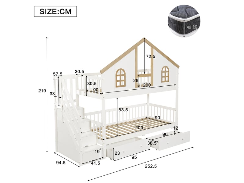  Lit superposé enfant modenvie 90 x 200 cm avec escalier de rangement blanc et bois naturel  - Conforama C