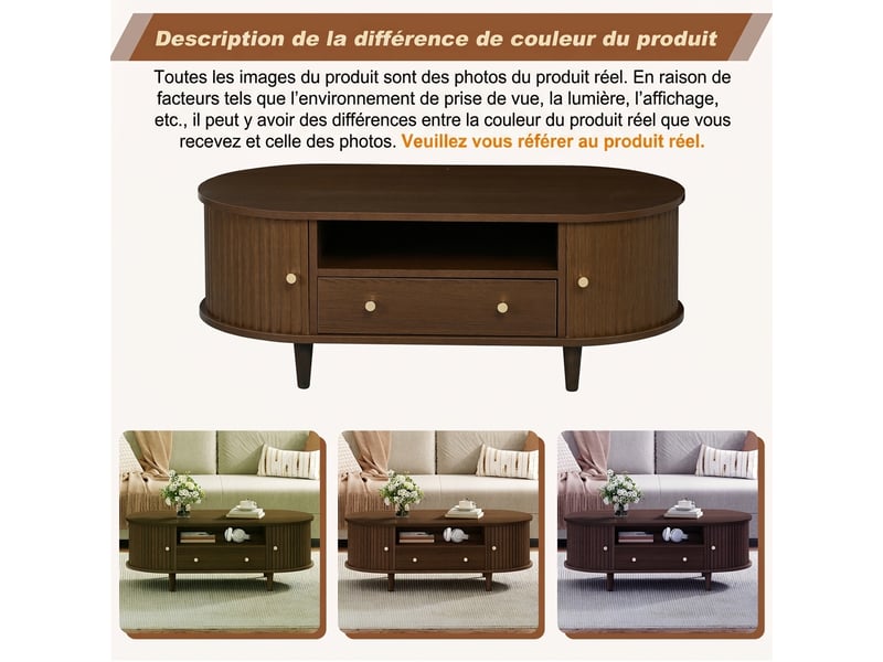  Table basse ovale noyer avec tiroir et porte coulissante 100x50 cm - design minimaliste  - Conforama E