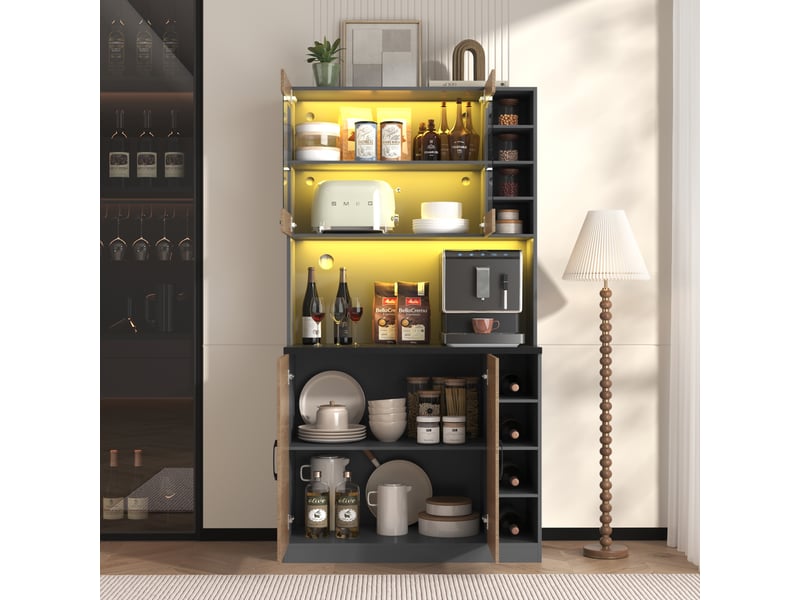 Armoire de cuisine avec led 100x47x187 cm, buffet haut pour micro-ondes, étagères réglables, gris et bois  - Conforama B