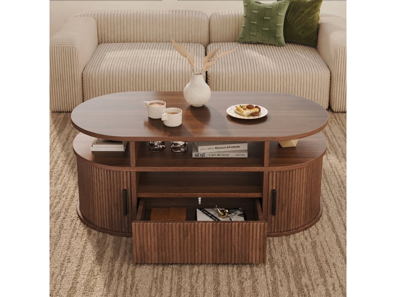  Table basse ovale effet noyer avec tiroir, 2 portes à enroulement et rangements ouverts, mdf, 100 x 50 x 40 cm  - Conforama C