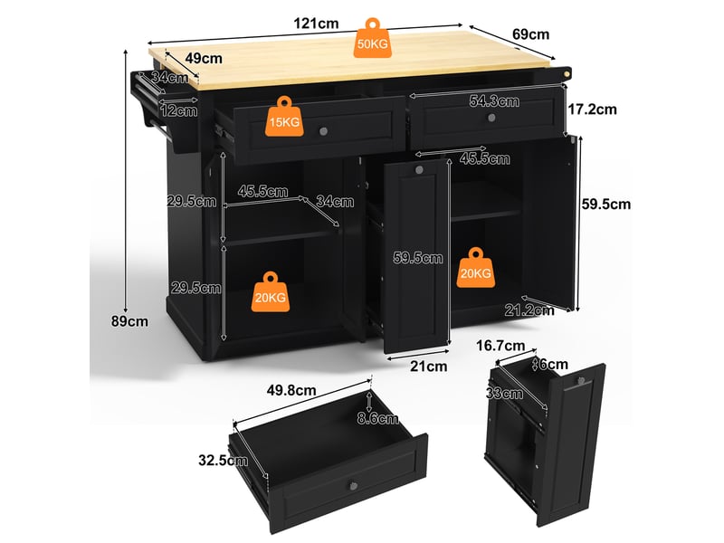  Desserte de cuisine mobile à plateau rabattable avec 4 tiroirs et roulettes verrouillables en mdf naturel et noir  - Conforama C