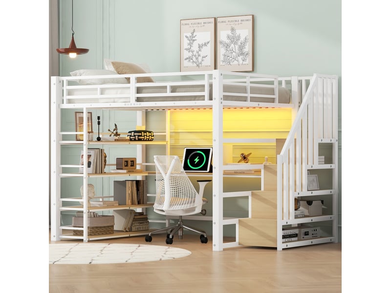  Lit mezzanine 140x200 cm avec escalier, bureau intégré, led et usb blanc  - Conforama E