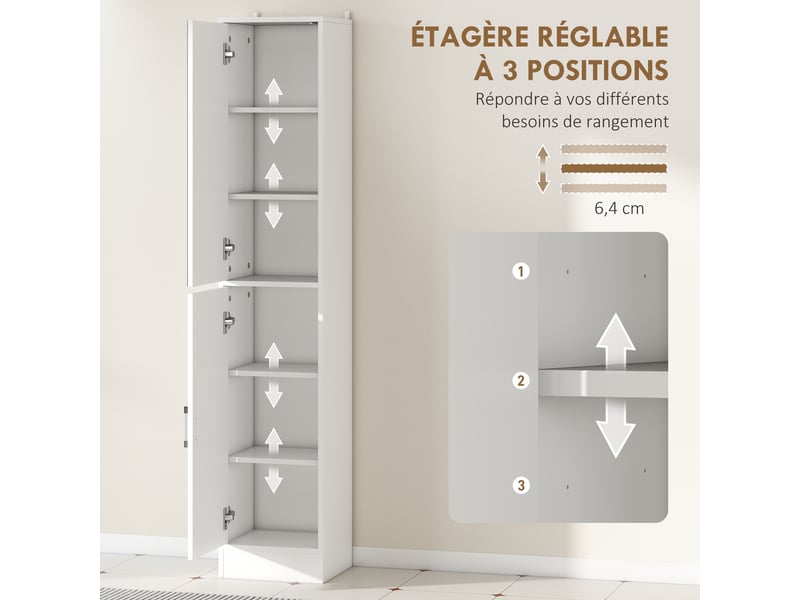  Meuble colonne salle de bain avec miroir, meuble de rangement à 6 niveaux 2 portes étagères réglables blanc 32x28x162cm  - Conforama E