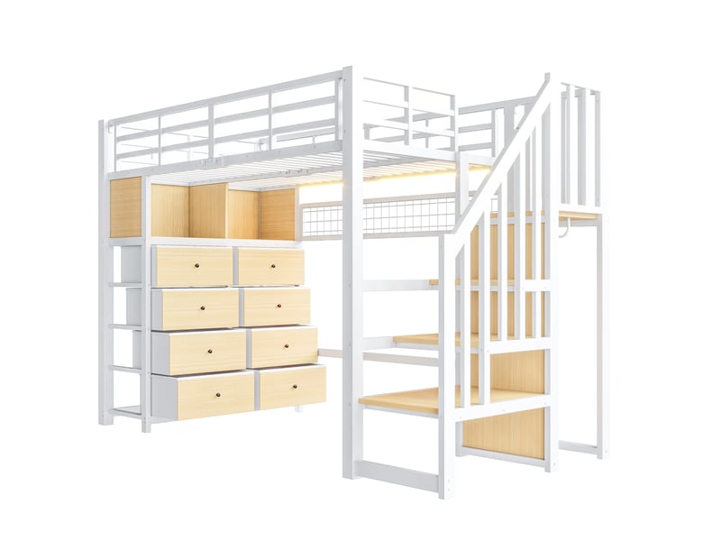 Lit mezzanine enfant 90 × 200 cm avec 8 tiroirs, led, étagères et barrière, sans matelas, blanc - Conforama E