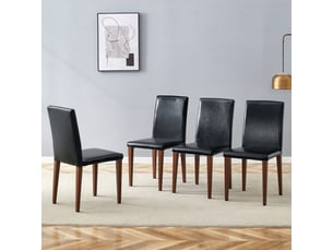 Ensemble de 4 chaises de salle à manger minimalistes – luxe léger européen, noir et noyer, cuir pu noir, pieds métal