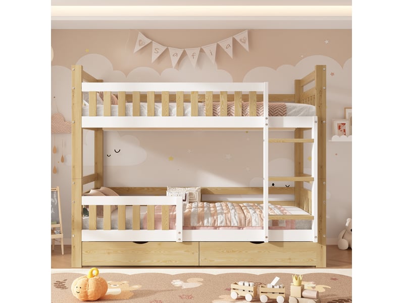 Lit superposé enfant 90 x 200 cm en bois, séparable, 2 tiroirs, blanc naturel - Conforama D