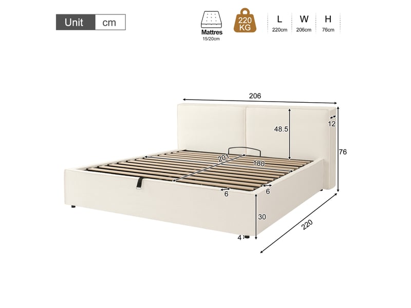  Lit double 180 × 200 cm avec coffre hydraulique, sommier à lattes et tête de lit rembourrée en tissu bouclette blanc  - Conforama C