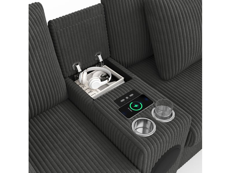  Canapé droit 315,5x144x84,5cm 4 places, console multimédia bluetooth, 2 poufs inclus, revêtement velours côtelé, gris  - Conforama E