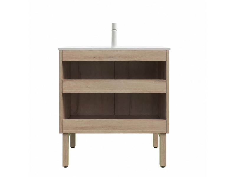  Meuble vasque sur pied 80 cm avec vasque intégrée en pierre frittée effet carrare, finition chêne blanc  - Conforama D