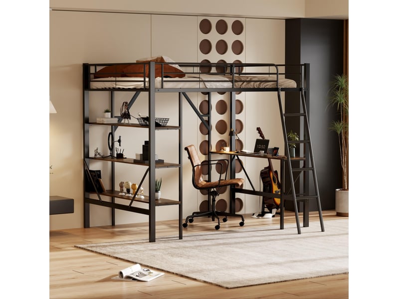  Lit mezzanine 90x200 cm en métal avec bureau et 3 étagères, noir, dès 6 ans  - Conforama B