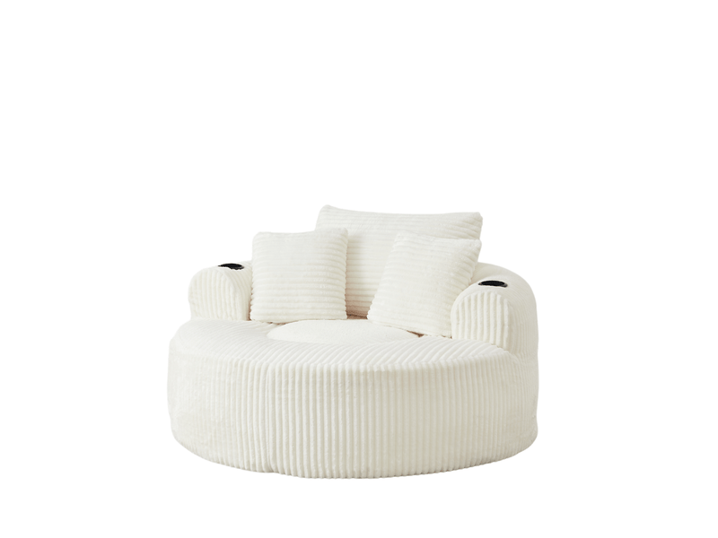  Canapé lounge rond 142.00×142.00×85.00 cm en velours côtelé avec porte-gobelets et poches latérales beige chicfurn  - Conforama A