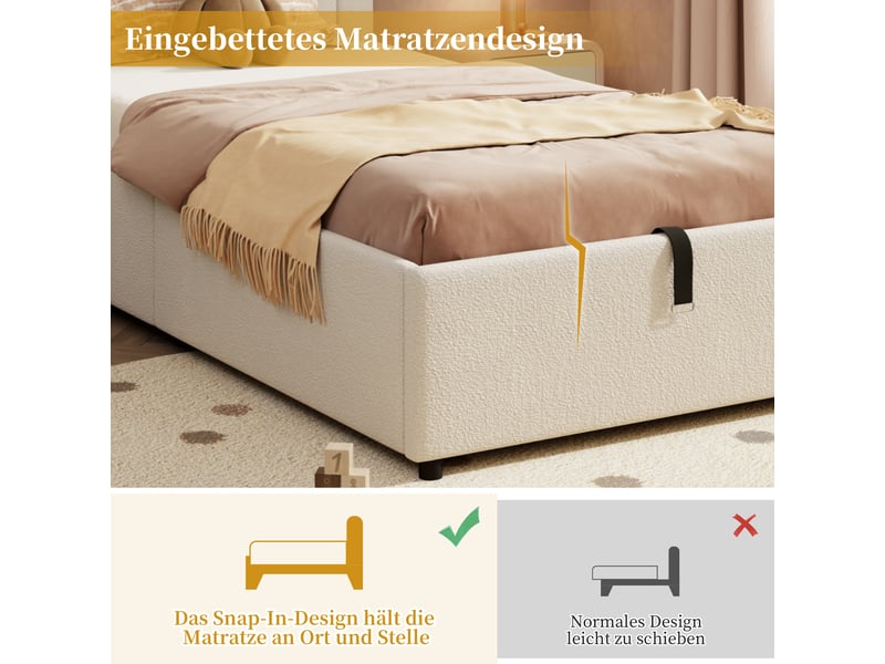  Lit enfant 90x200 capitonné beige - lit simple avec sommier, coffre hydraulique et tissu bouclette  - Conforama E
