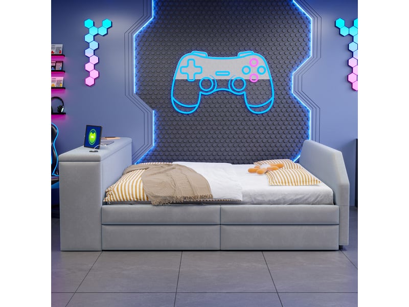 Lit pour enfant rembourré 140x200 cm – avec port de charge usb – avec lit gigogne – velours – gris (matelas non inclus) - Conforama D