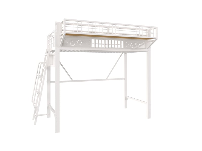 Lit mezzanine 90x200 cm, avec rangements latéraux et espace ouvert, en métal, blanc, sans matelas - Conforama B