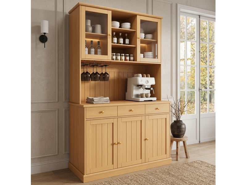  Buffet haut modenvie 120 x 40 x 191 cm avec portes vitrées, range-verres, prises intégrées, usb-c et usb-a, bois naturel  - Conforama E