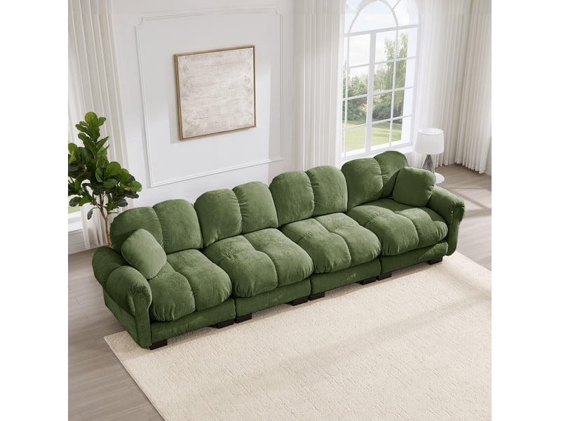  Canapé droit 4 places 330x86x90 cm, dossier ergonomique, assise épaisse, tissu en chenille, vert  - Conforama B