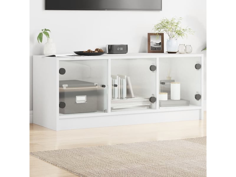  Meuble tv - banc tv - meuble de rangement avec portes en verre blanc 102x37x42 cm  - Conforama B